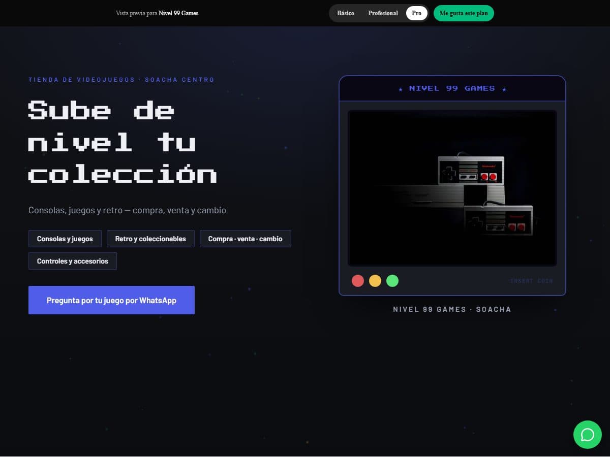 Página web real de Nivel 99 Games