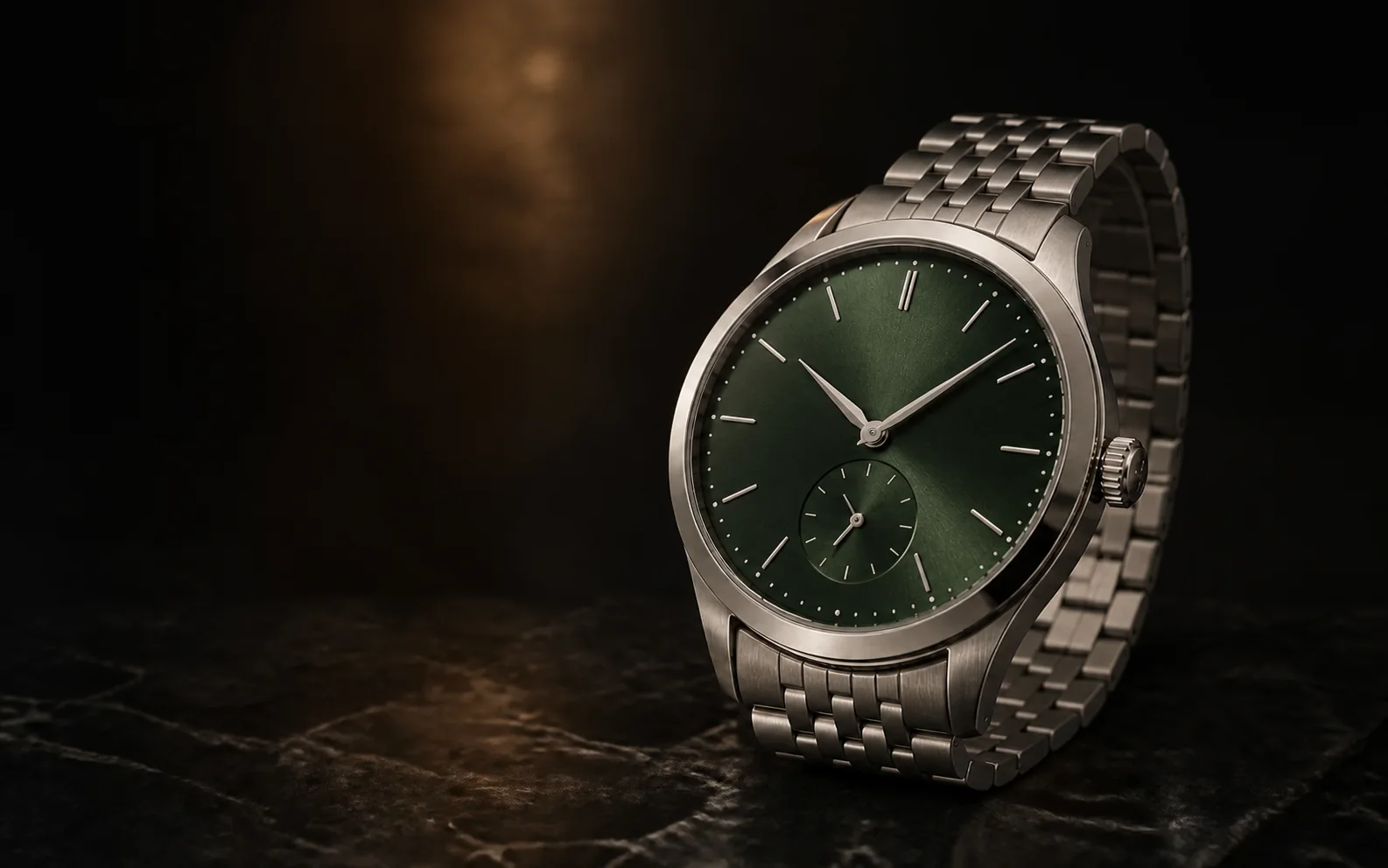 Bosque 39: Esfera verde · acero pulido · brazalete de acero