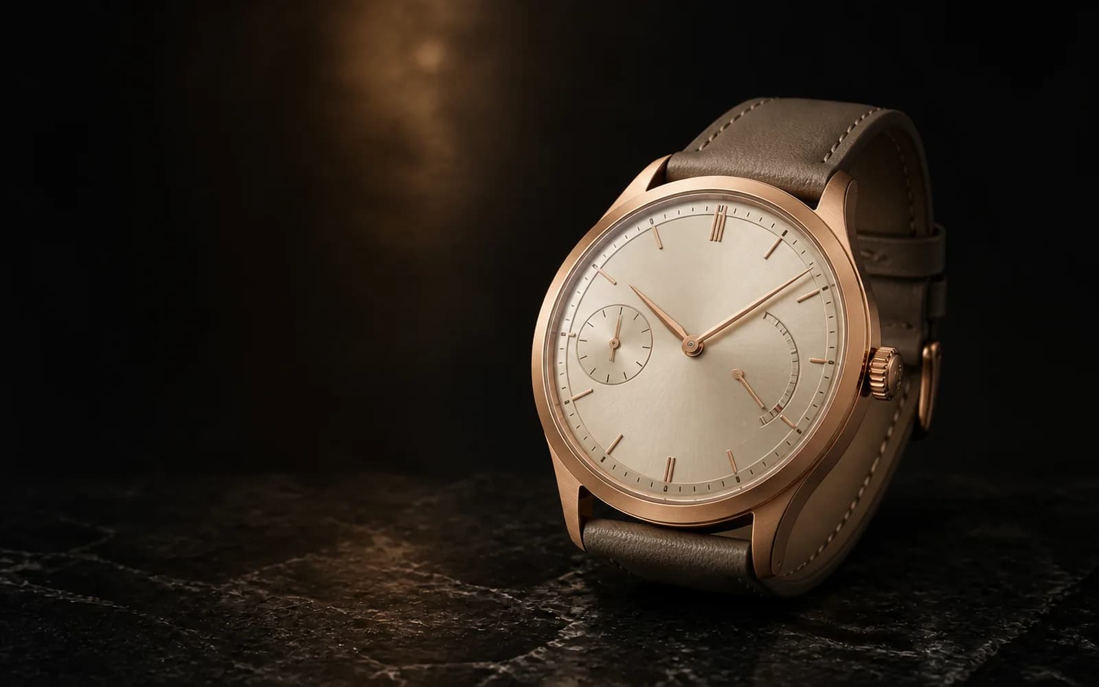 Reserva 37: Esfera champaña · oro rosa satinado · cuero taupe