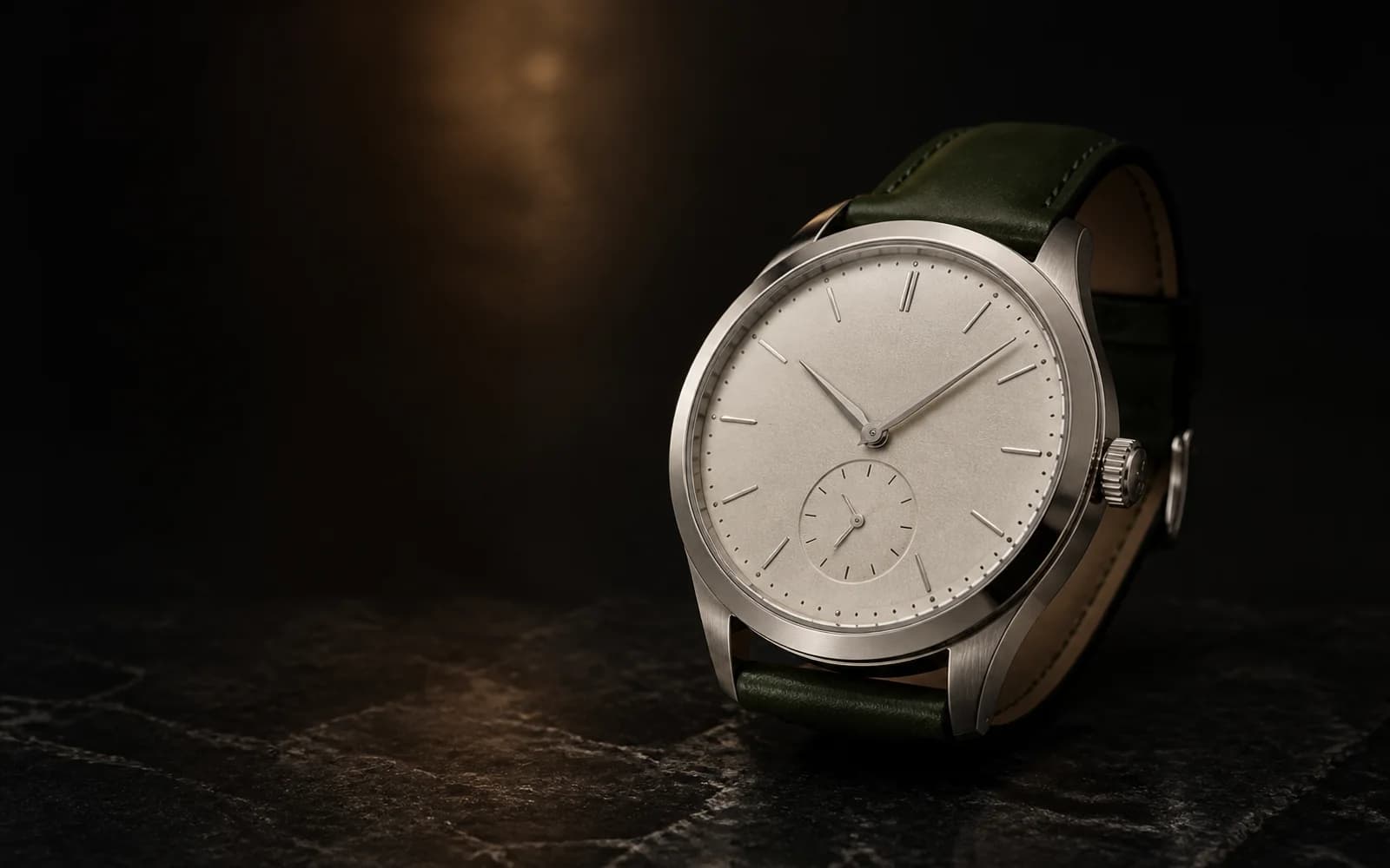 Reloj mecánico plateado con esfera marfil y correa verde sobre una mesa de atelier