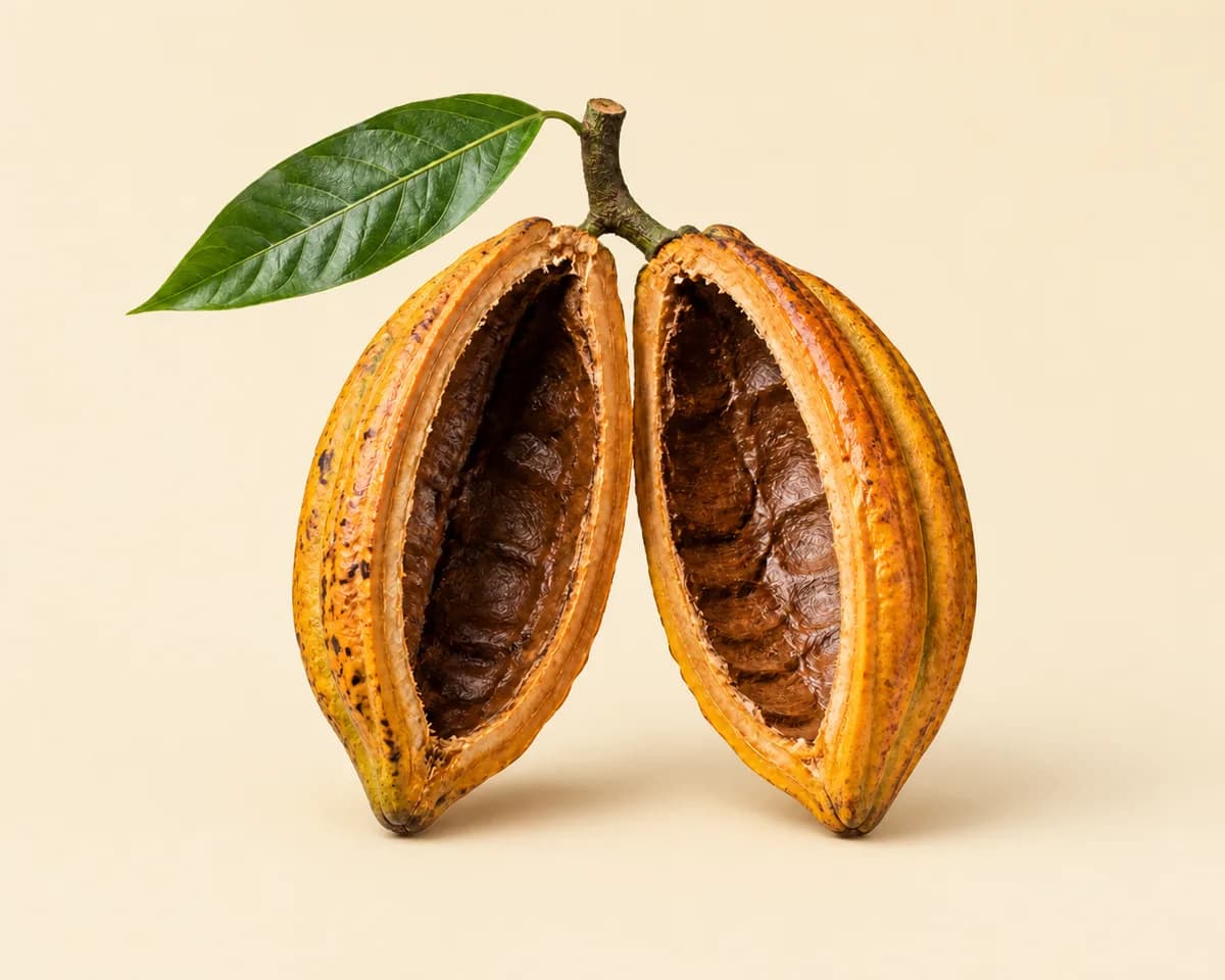 Mazorca de cacao abierta con cavidades vacías