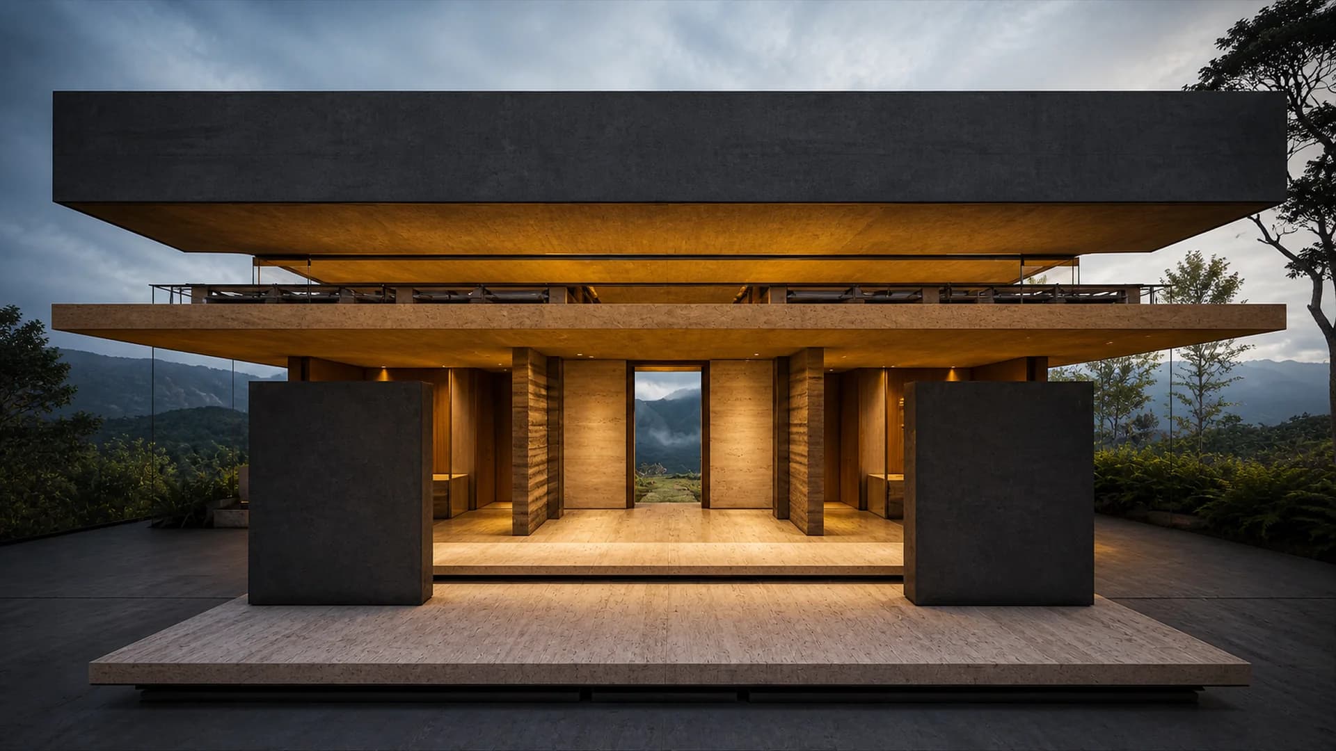 Casa de montaña que separa su cubierta, muros y plataforma para revelar el interior