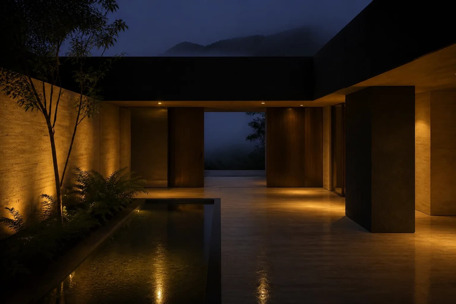 Patio nocturno con madera oscura, piedra y espejo de agua